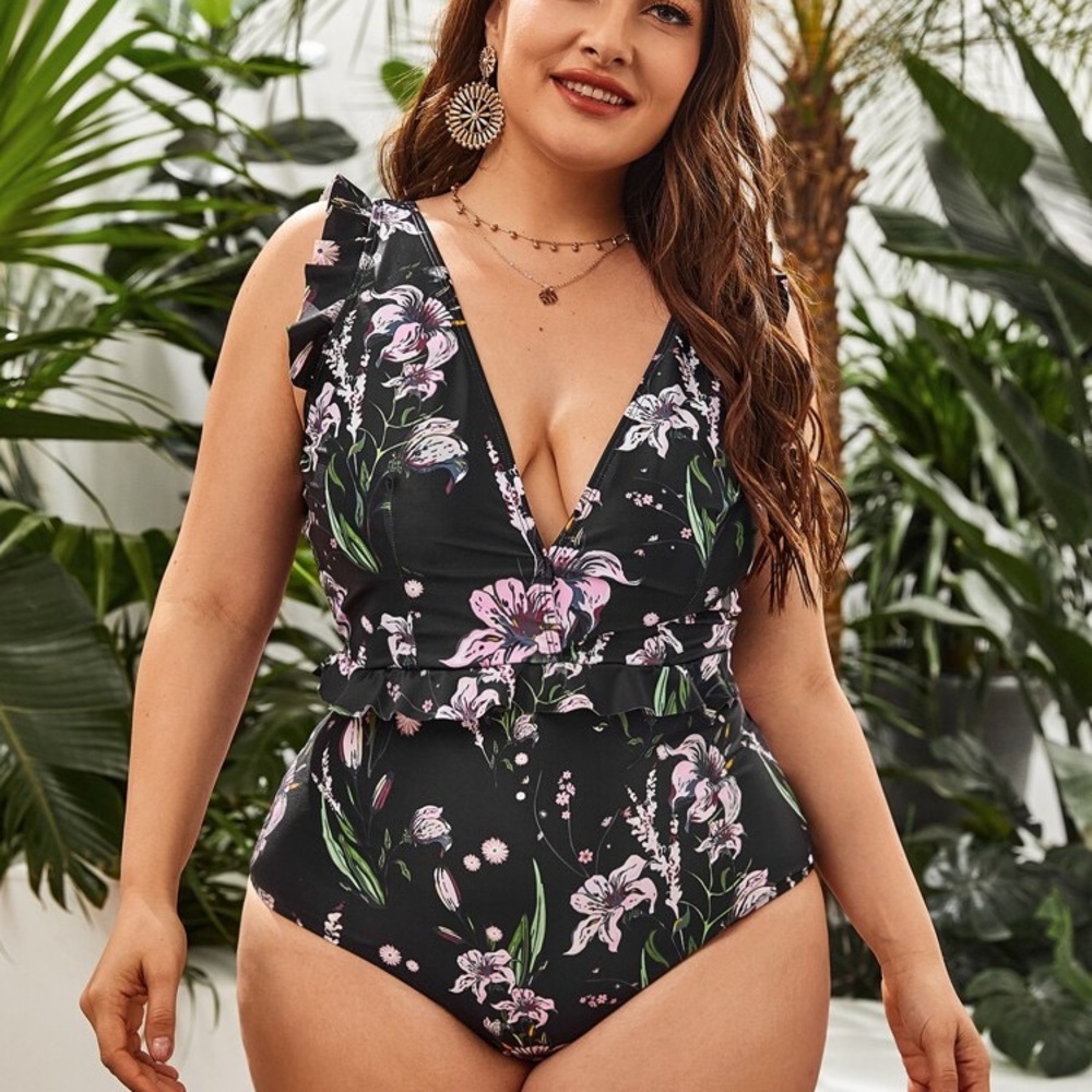 SHEIN Plus Floral Frill Trim One Piece Swimsuit